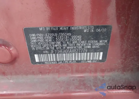 2010 Subaru Impreza 2.5I z USA, uszkodzony, nr VIN JF1GH6A66AH827779